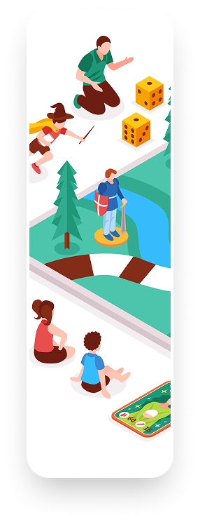 Isometrische illustratie van een bordspel-avonturenkaart met fantasiepersonages, dobbelstenen, bomen en een speldoos.