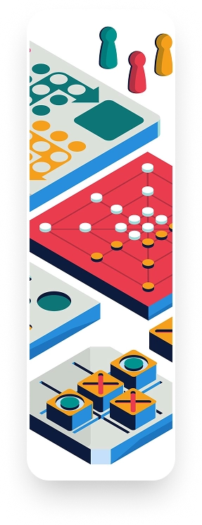 Moderne illustratie van verschillende kleurrijke bordspellen met pionnen, dobbelstenen en speelstukken.