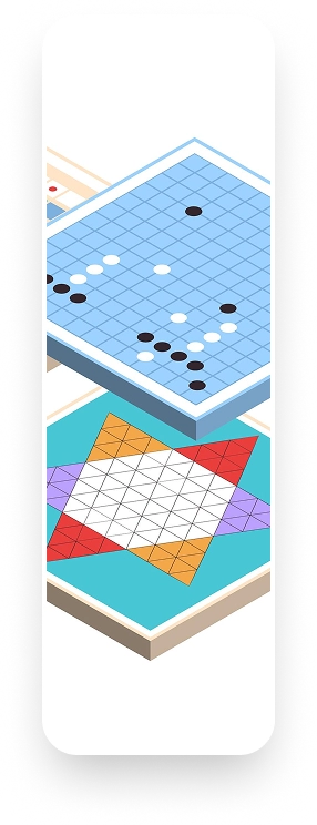 Isometrische illustratie van meerdere klassieke bordspellen met pionnen en speelborden op een lichte achtergrond.